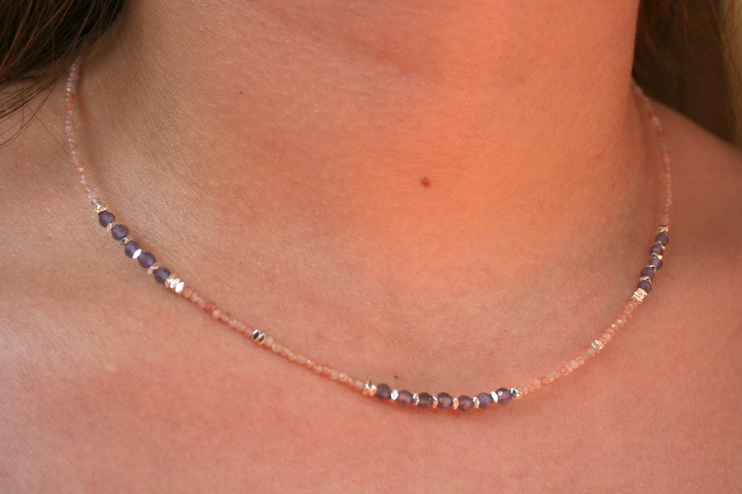 45cm Silver & Sunstone & Amethyst Necklace