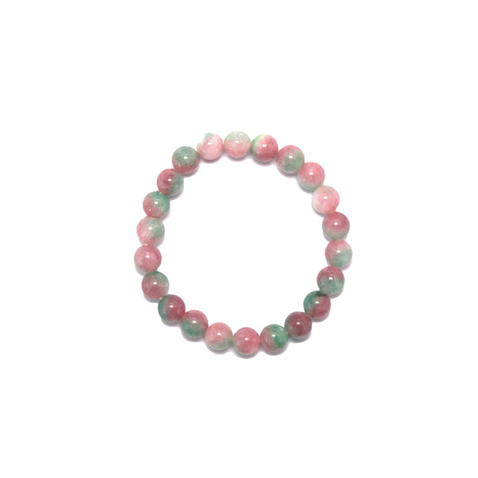 8mm Round Pink and Green Agate Bead Bracelet