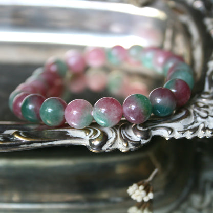 8mm Round Pink and Green Agate Bead Bracelet