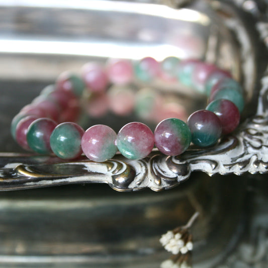 8mm Round Pink and Green Agate Bead Bracelet