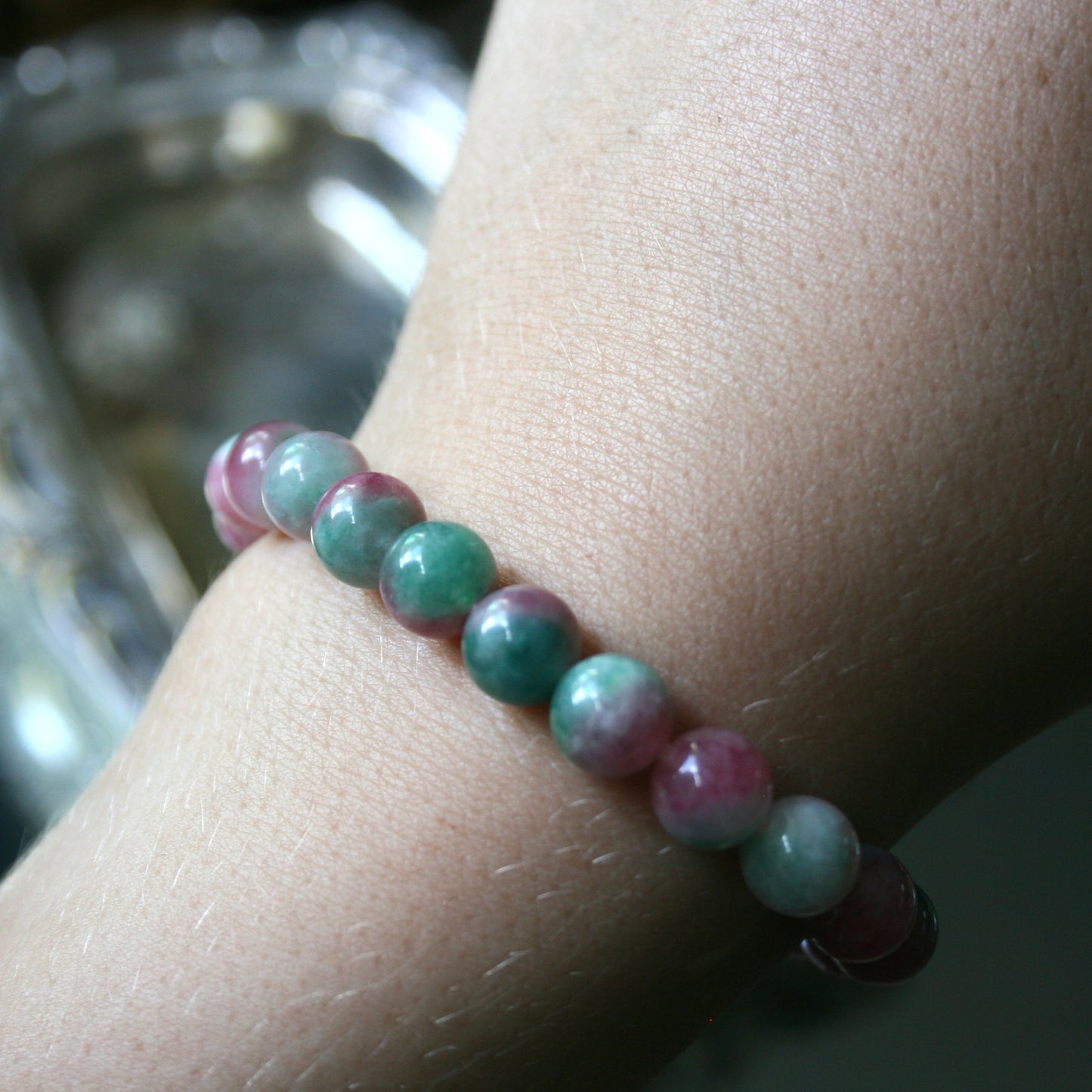 8mm Round Pink and Green Agate Bead Bracelet