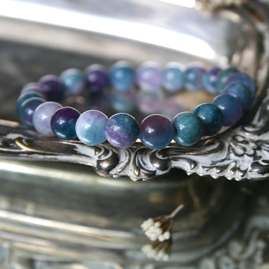 8mm Round Purple and Blue Agate Bead Bracelet