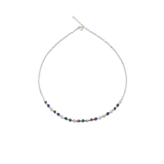 44cm Silver & Aquamarine/Tourmaline/Azurite/Malachite/Quartz Necklace