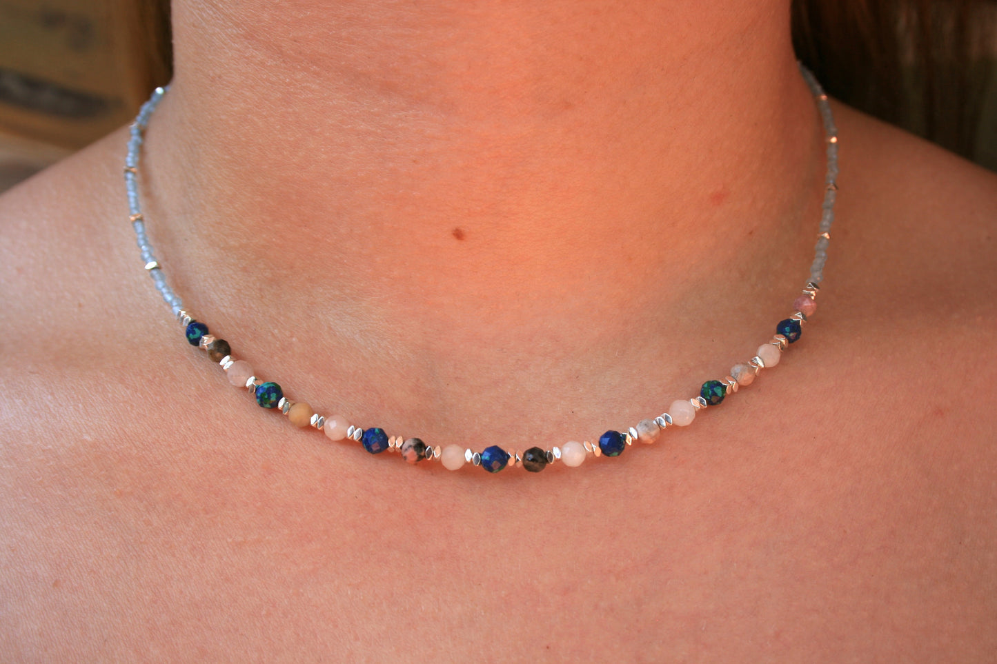 44cm Silver & Aquamarine/Tourmaline/Azurite/Malachite/Quartz Necklace