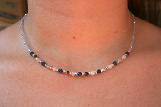 44cm Silver & Aquamarine/Tourmaline/Azurite/Malachite/Quartz Necklace