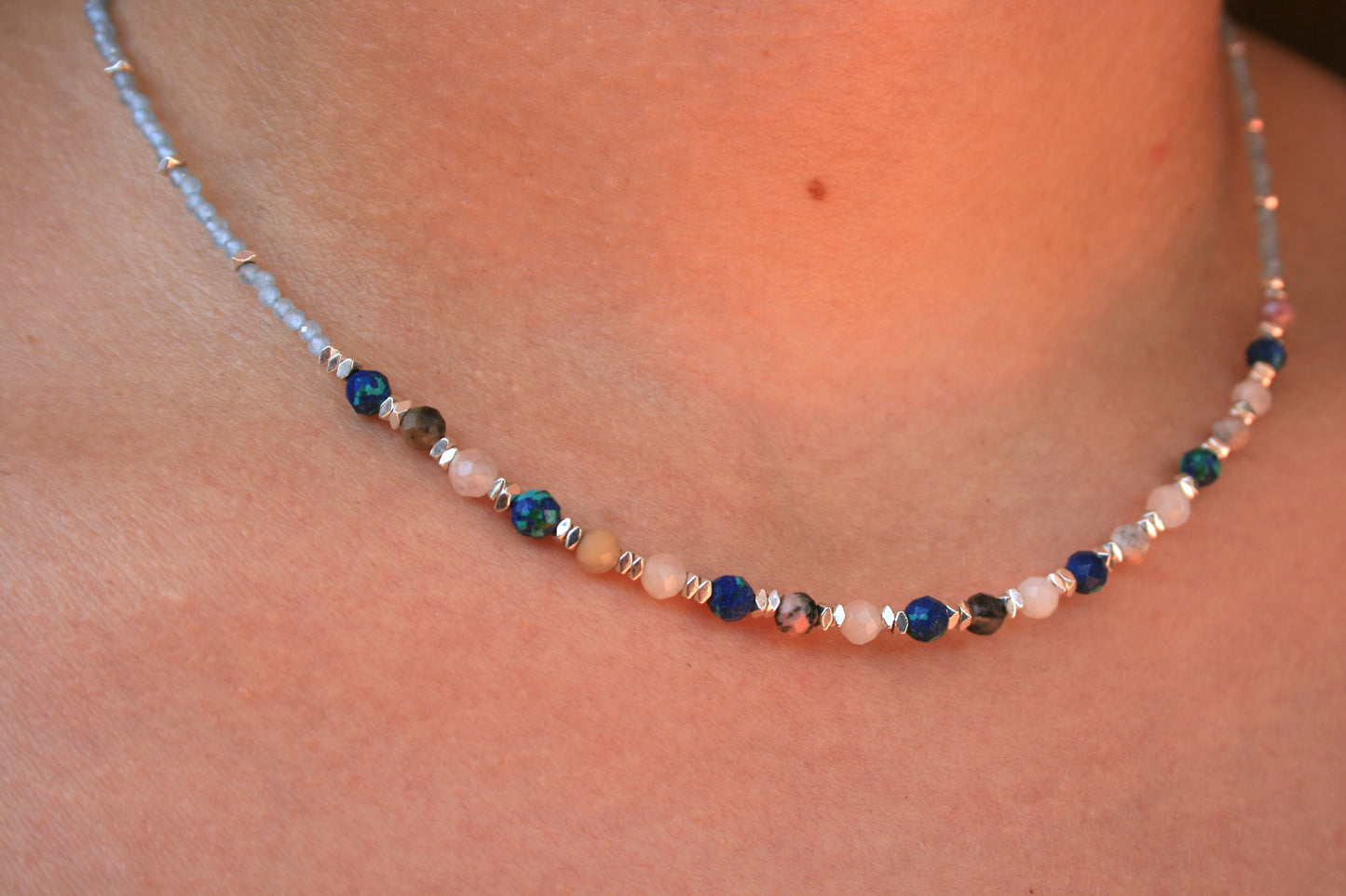 44cm Silver & Aquamarine/Tourmaline/Azurite/Malachite/Quartz Necklace