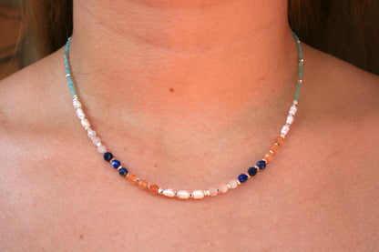 45cm Silver & Amazonite/Pearl/Sunstone/Lapis/Quartz Necklace