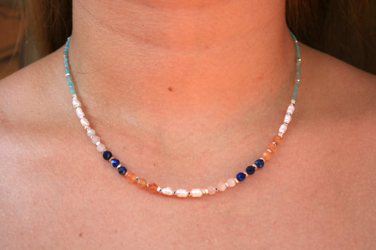 45cm Silver & Amazonite/Pearl/Sunstone/Lapis/Quartz Necklace