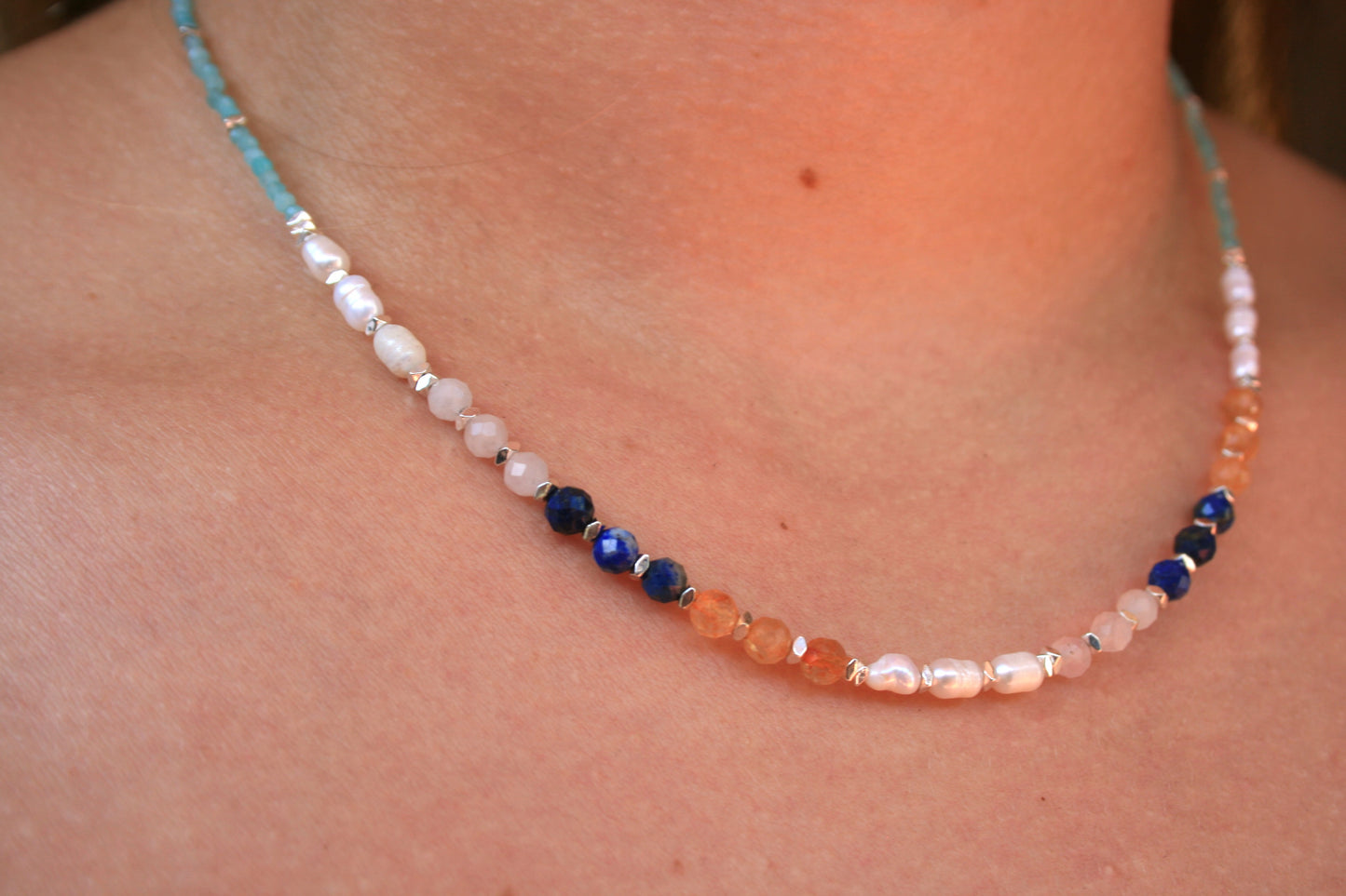45cm Silver & Amazonite/Pearl/Sunstone/Lapis/Quartz Necklace