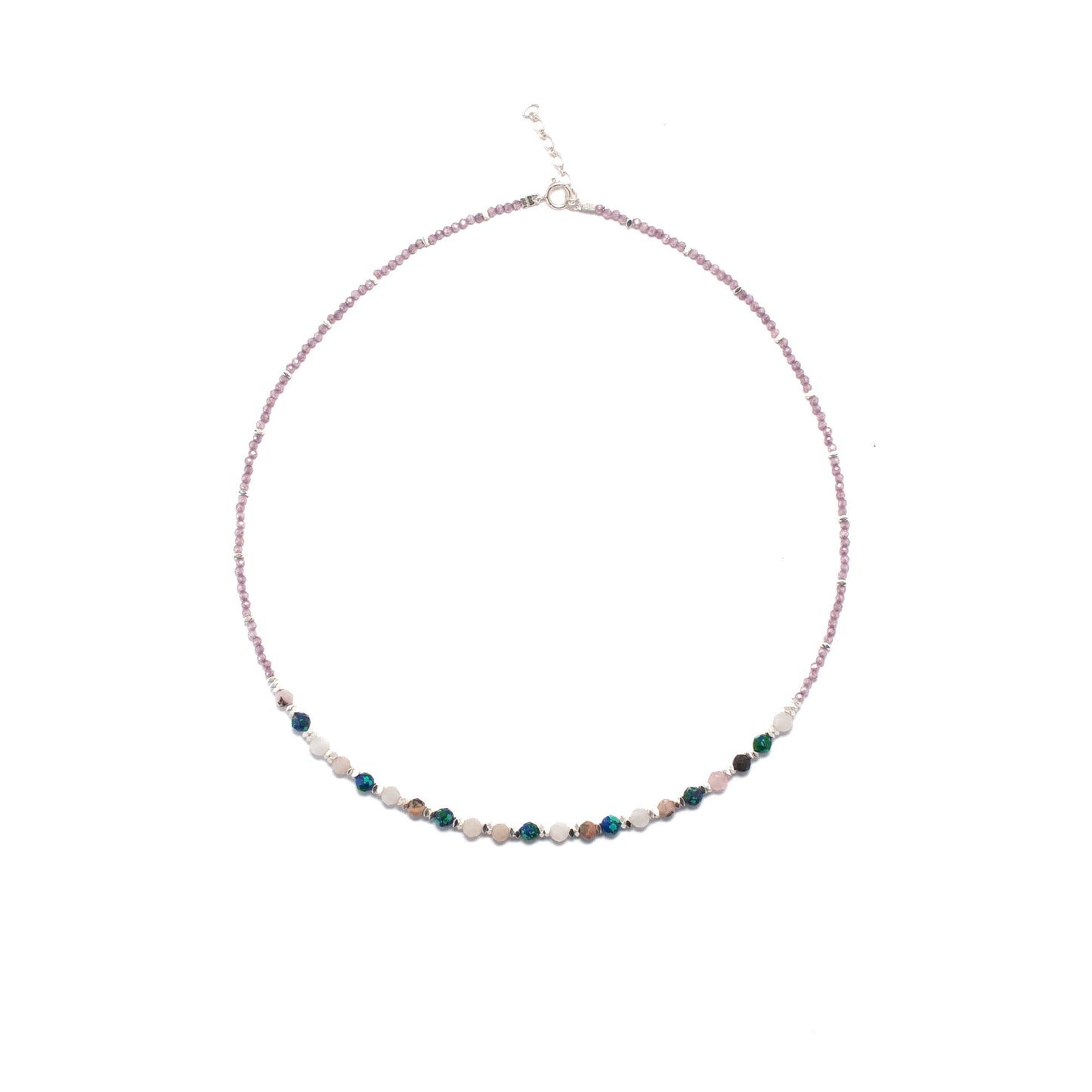 44cm Silver & Zircon/Garnets/Azurite/Quartz/Tourmaline Necklace