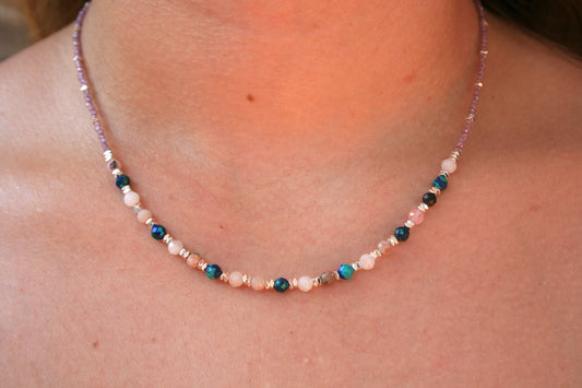 44cm Silver & Zircon/Garnets/Azurite/Quartz/Tourmaline Necklace