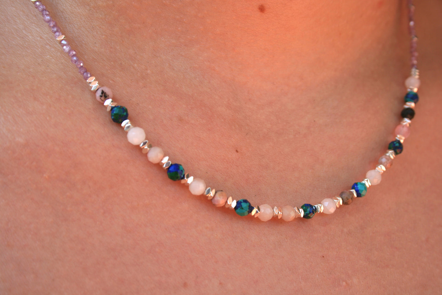 44cm Silver & Zircon/Garnets/Azurite/Quartz/Tourmaline Necklace