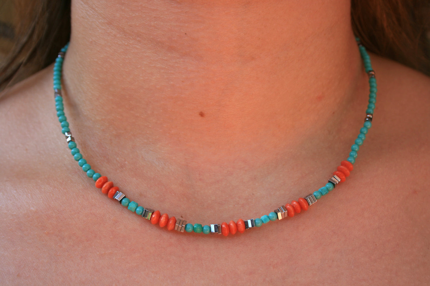 44cm Silver & Turquoise/Coral/Pyrite Necklace