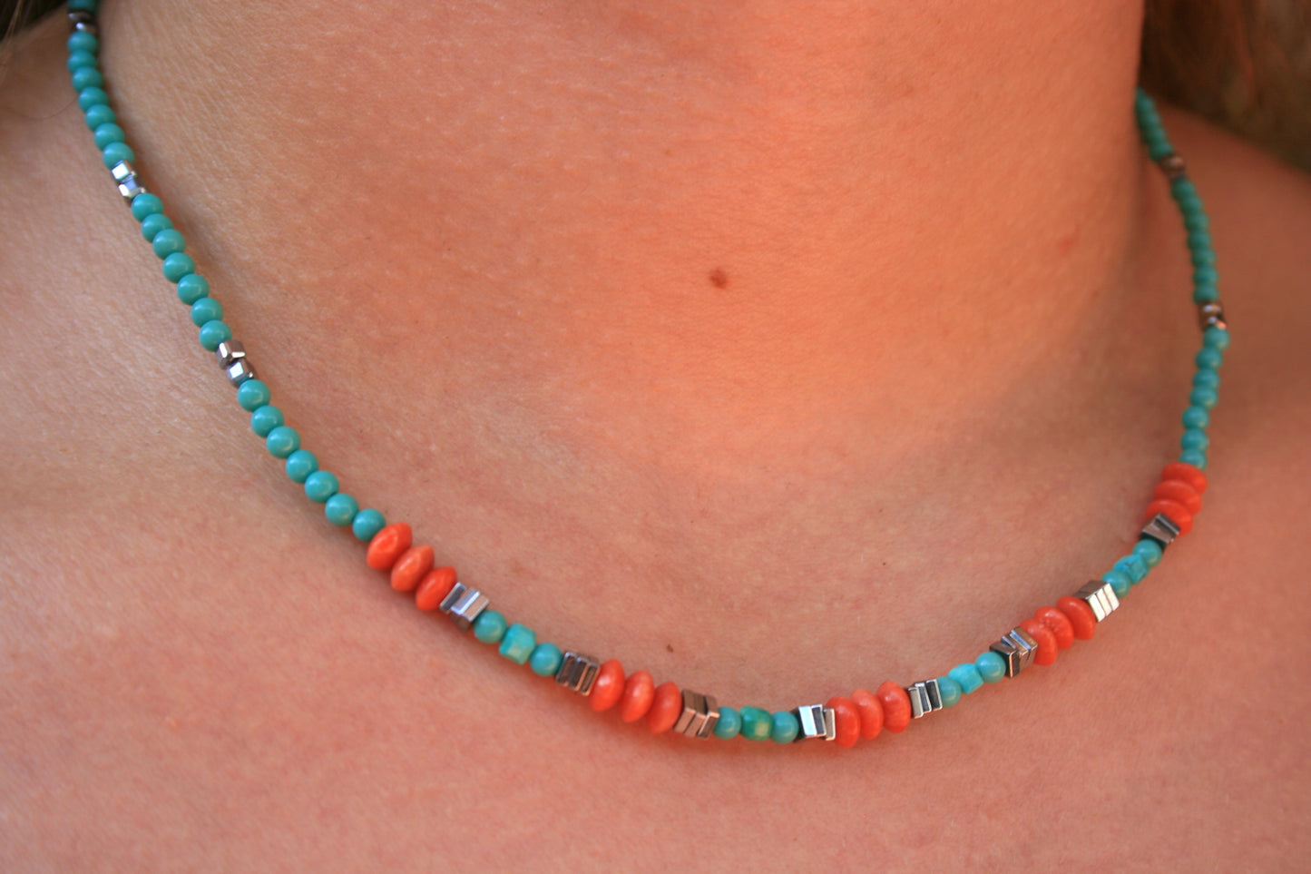 44cm Silver & Turquoise/Coral/Pyrite Necklace